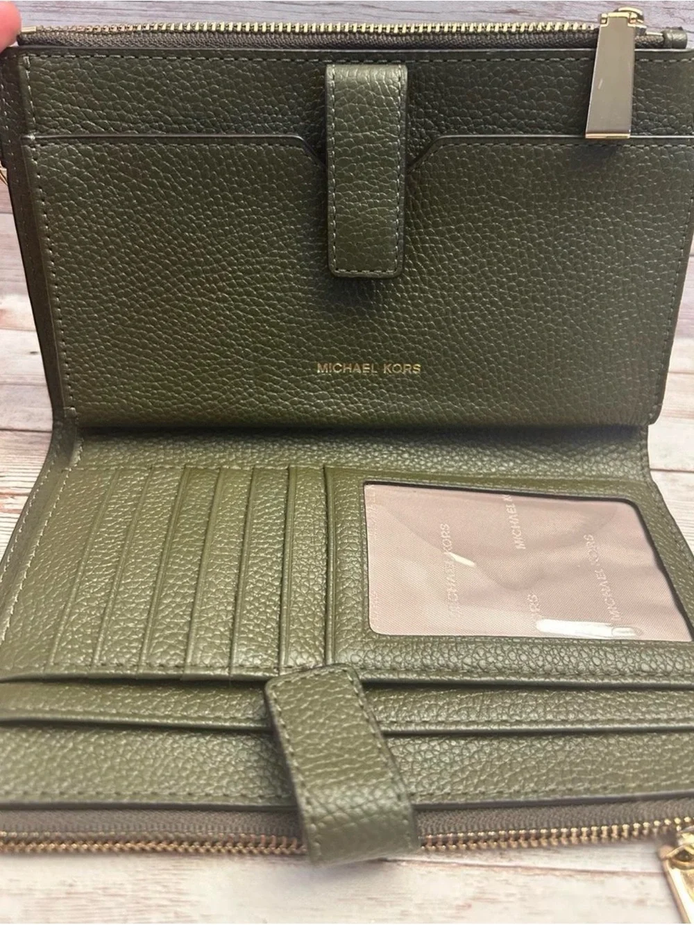 Michael Kors Olive Pebbled Leather Wristlet with Gold Hardware